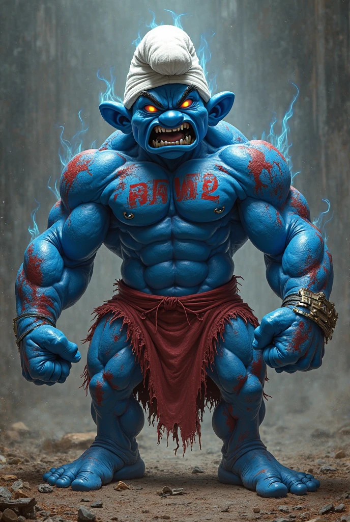 a group of 6 smurfs with papa smurf dressed like characters from the video game Rust by lying on the floor defeated by a single naked man with a crossbow who is proceeding to loot the smurfs valuables 