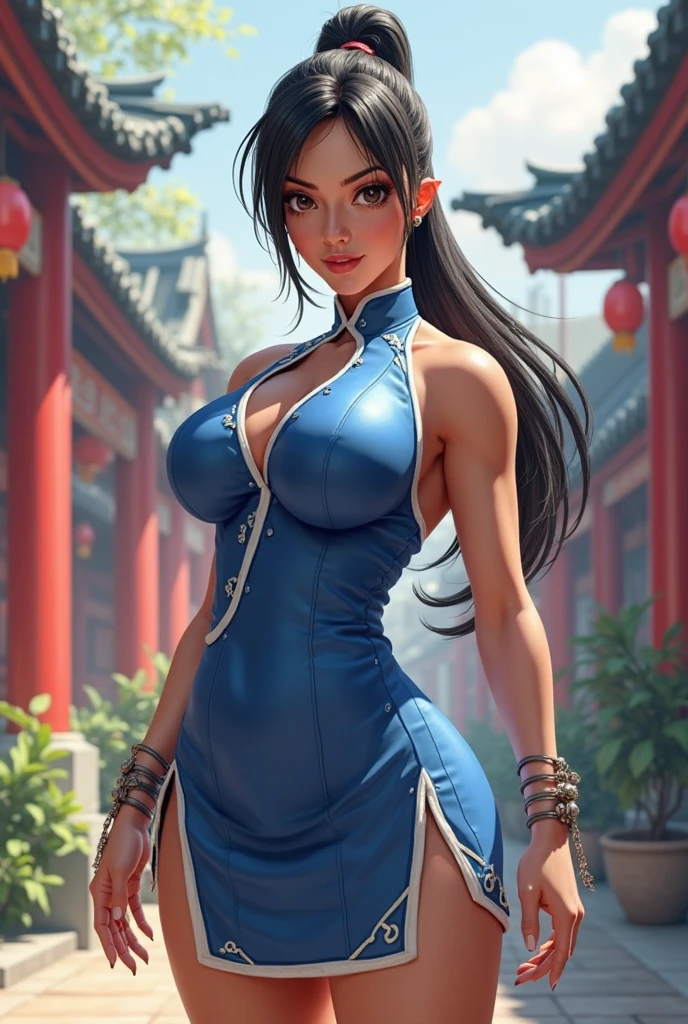 Amazing cowboy shot of a sexy woman wearing her traditional blue Chinese fighting outfit, seductively gazing and smiling, soft lips, blushing intensely, amazing breasts, perfect body, simple background, Chun-Li, animated style