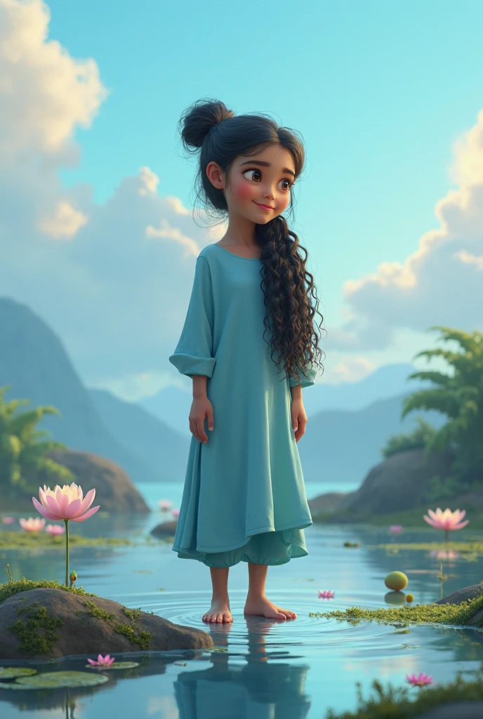 SIDE VIEW CAMERA OF ((masterpiece, best quality)), award winning, 4k, 8k, 3d pixar animation character, visible face, SIDE VIEW,(one 25 YEAR OLD woman NAMED BRISA), portrait, beautiful, cute, yellow shirt, yellow pants, light long blue apron, pink sneakers, long plaid blue hair, light tan skin, brown eyes, ((Perfect Hands)), UHD, 8K, her pose is LOOKING DOWN SAD TALKING with a little latin girl pose, BACKGROUND IS: ((masterpiece, best quality)),3d illustration of countryside el salvador, a big, tall and wide amate tree behind with a big hole in its trunk)