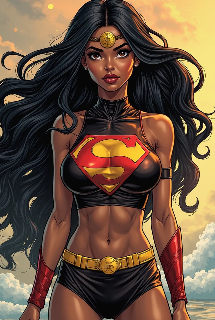 dc comic styled superhero black woman with long hair with white eyes and lots of tattoos