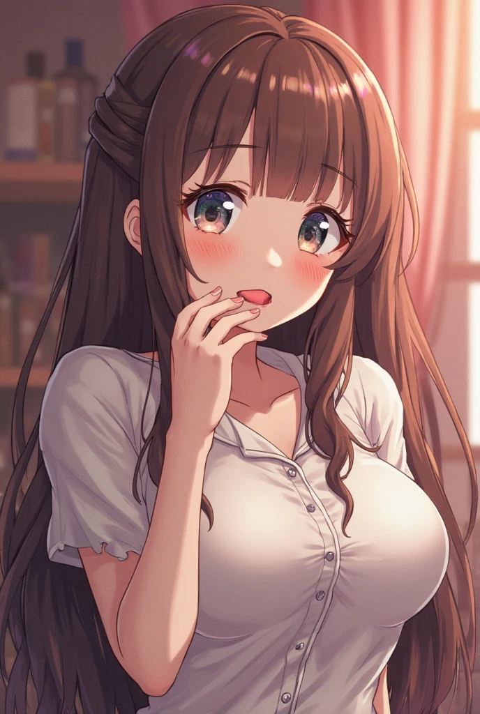 sitting on bed reading a book、((looking book)), looking away, masterpiece, Highest quality, Very detailed, ,The finer details, Anime Style, One Girl, 22 years old, Cute Face、Large Breasts、Big Ass、Tight waist、from above、Long Hair、Beautiful Eyes、Dark brown hair, Shiny Hair, Light brown eyes、White camisole, Shorts, at home、Modern white room、Large stuffed animal