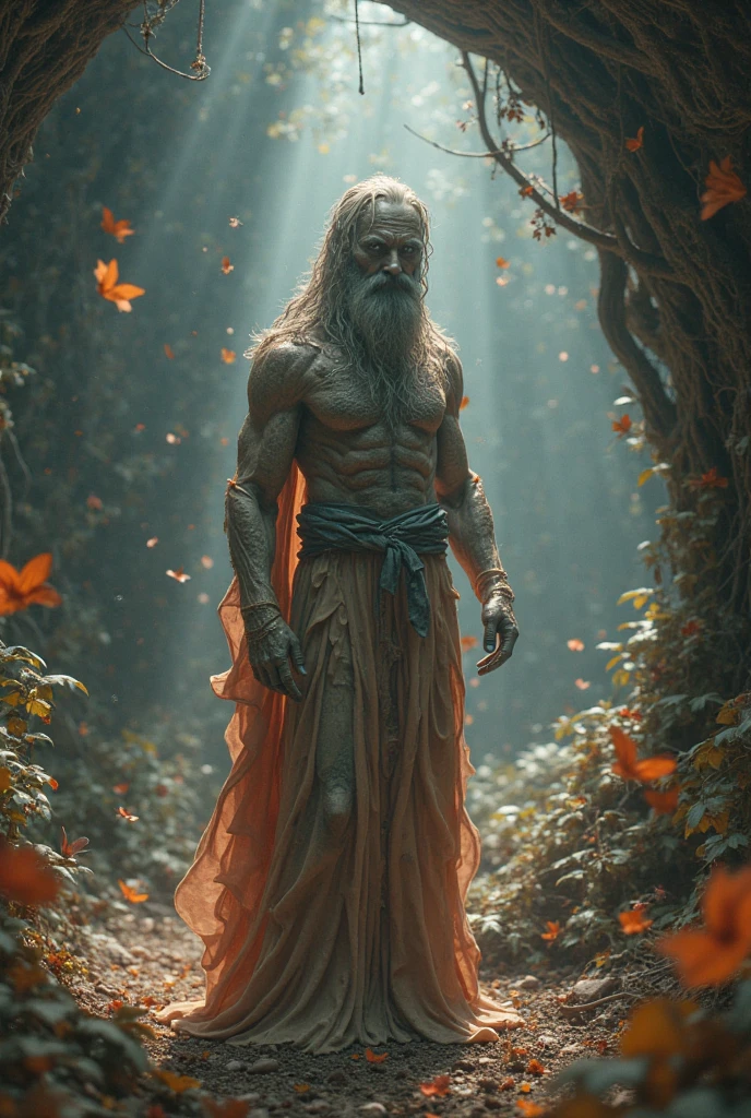 the surreal and fantastic fantasy image shows the entire body of a humanoid being with long hair and extremely white skin. He is very thin and looks to be around 30 years old.. beardless. His only clothing is an old pair of pants. The context is in the Middle Ages. The environment is sinister and the character is menacing.. The character is crestfallen.