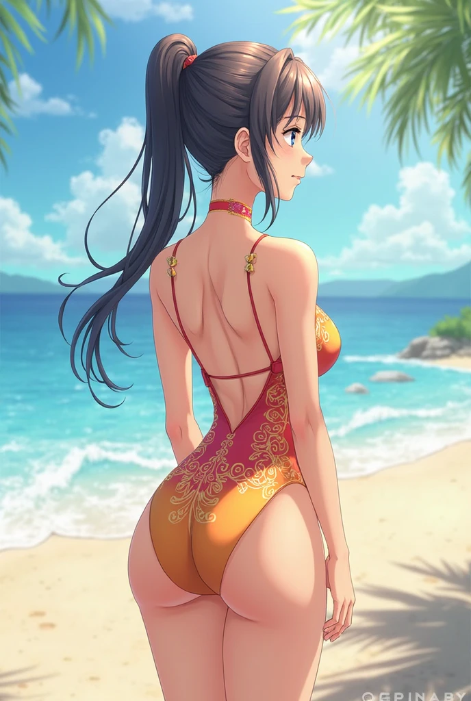 (tmasterpiece, 最好's质量, ultra - detailed, 8k wallpaper, realistically), (from back), 1 girl, Curvy but slender, Side Chest，巨大's, curlies, shairband, bangle, printed colorful micro bikini, Santorini Beach, raise both arms, comparing, 's, 自然柔和's光线,  skylines, natta