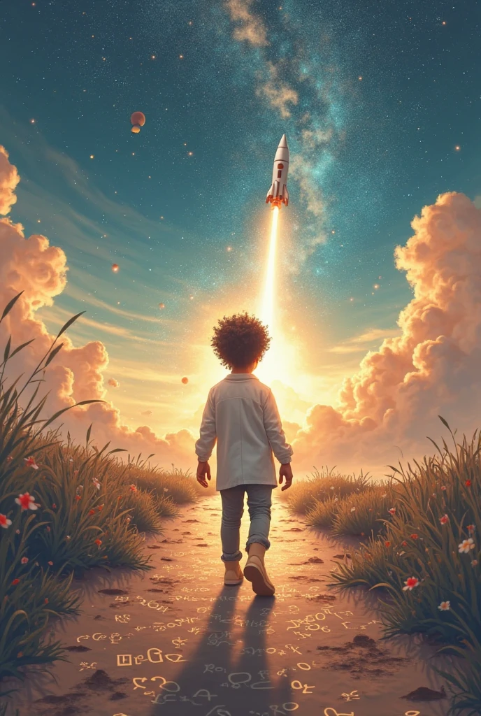 Very light brown child, with curly hair, Wearing Pink Glasses, yellow color shirt, dark blue pants with 01 white line, black sneakers with pink line, puchando backpack pink color, backpack with wheels, watch on right arm, walking on a street with houses on the right and left, above the shining sun with the bright and beautiful moon beside it, many bright stars, shooting stars too, a beautiful rainbow from end to end, a very pretty pink rocket taking off to the moon, angels flying around, and the northern lights shining.