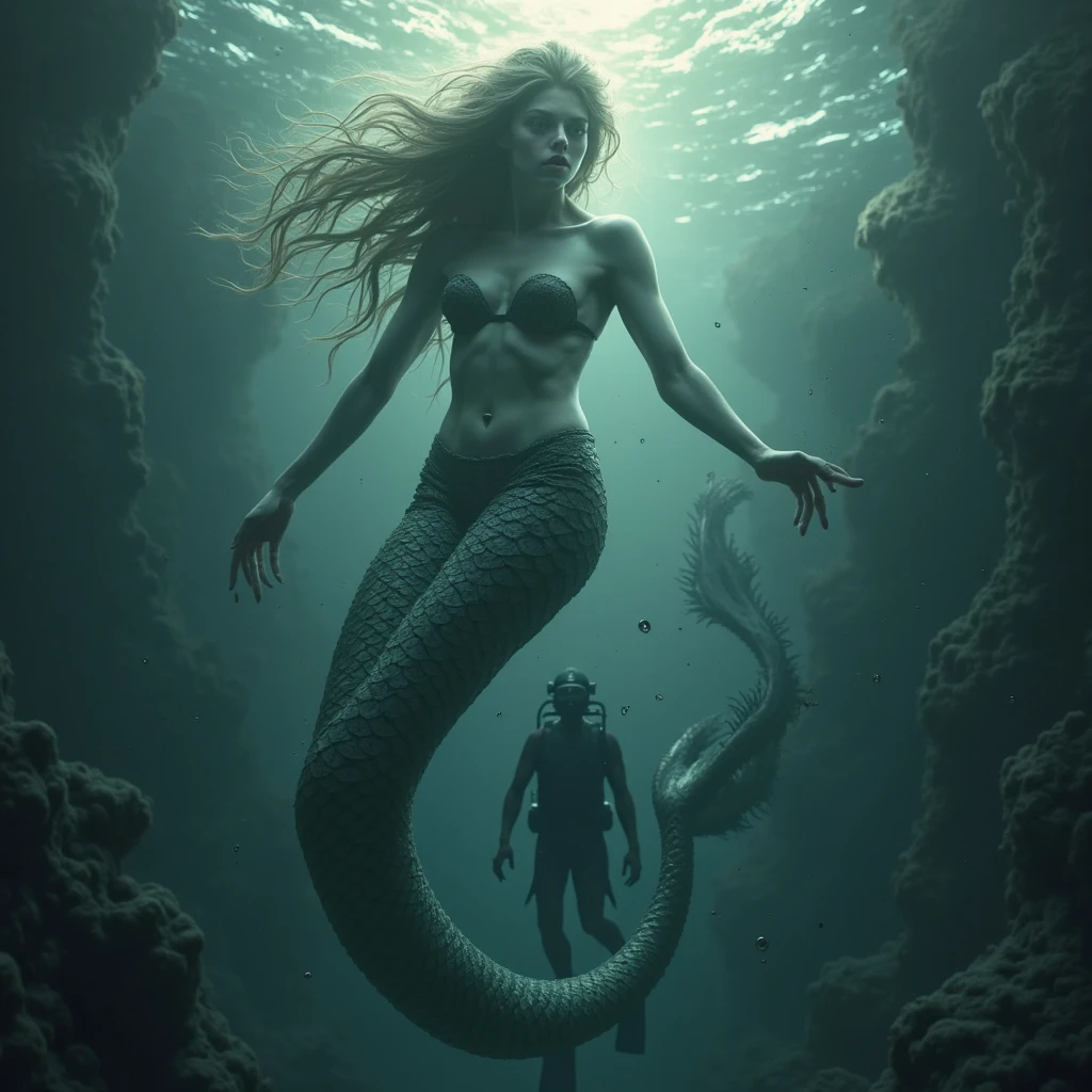 Make me a realistic image of a mermaid exploring a forest of giant seaweed. suddenly, Realistic luminescent hands emerge from the seaweed and drag him down.