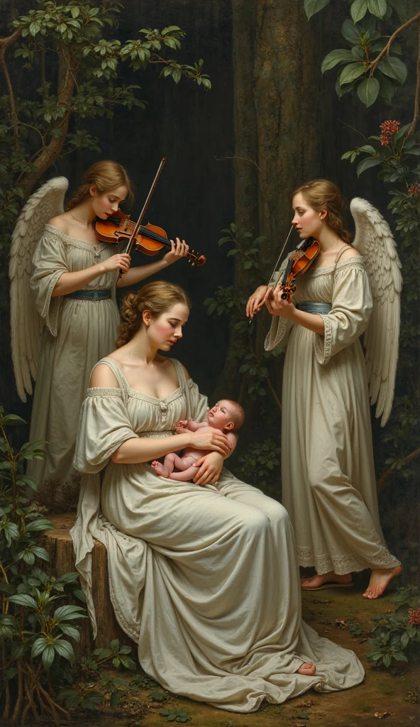 (((Saint Virgin Mary with  child. Ans 3 angels praying guitar.19 years old))) ((( Con una cara seria y piadosa. Con una mirada dulce y tierna))) (obra maestra, calidad superior, mejor calidad, arte oficial, beautiful and aesthetic: 1.2), (1girl), extremadamente detallado, (Arte fractal: 1.3), colorido, highest detailed, Cara perfecta, parte superior del cuerpo, HDR, (orando: 1.3), (golden lines of white coat: 1.2), galaxia, (rayas de luz), eye-catching visuals, (dynamic stripes, senderos luminosos: 1.2), colores vibrantes,