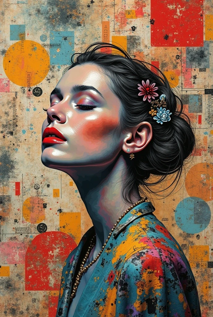 a stunning woman, art of brut style, characteized by bright and bold colors, thick textured paint, intense black strokes, and astonished details,