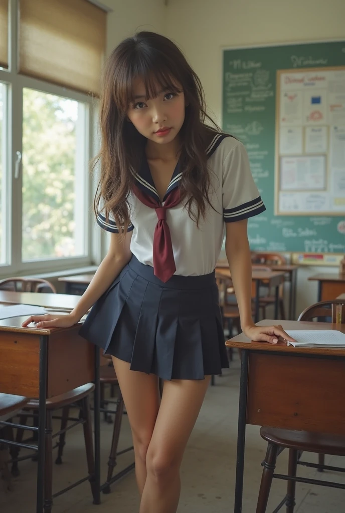 top-quality、hight resolution、ultra-detailliert、​masterpiece、Raw photography:2、realisitic:2、Photorealsitic:2、extremely delicate and beautiful、finely detail、Textured skin、1girl in、 Solo、Full body shot、18-year-old schoolgirl、(showing   panties:1.5)、(White panties:1.3)、beauitful face:2、Adult face、Bare legs、Brown hair、slender、tall、small tits、School uniform、highschool、Dark blue short skirt、neck tie、Wear black student shoes、crass room、chalk board、School Desks and Chairs、(Ceiling from below)、Pubic hair is dark、At SFW