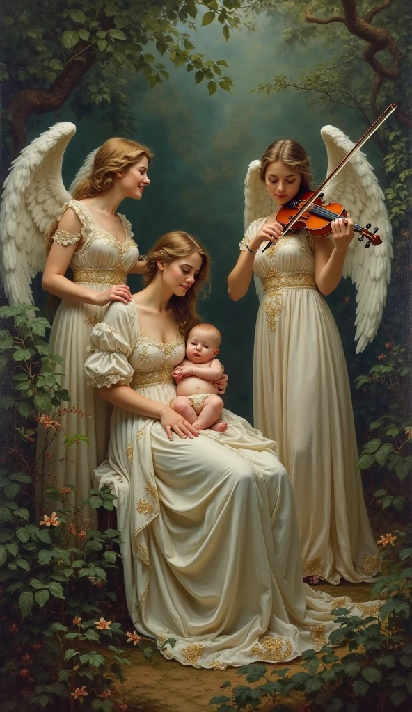 Virgin Mary whit child Jesus and Three angels playin guitar