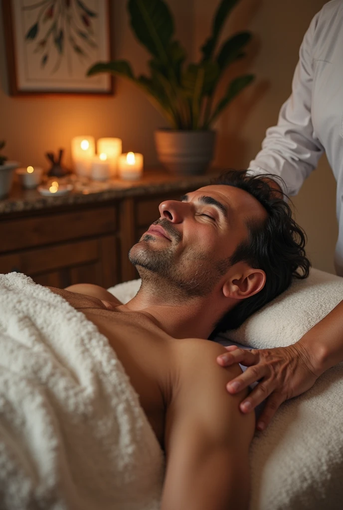 illustrates a 50 year old king who is bare-chested while having his chest massaged (on the bed and the blanket is white)