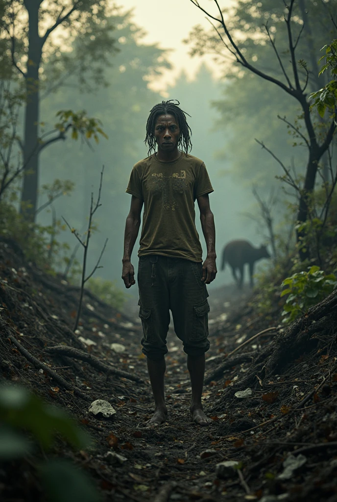 A poor man who has been hungry and thirsty for many days has been wandering in the forest and is surrounded by many dangerous animals.