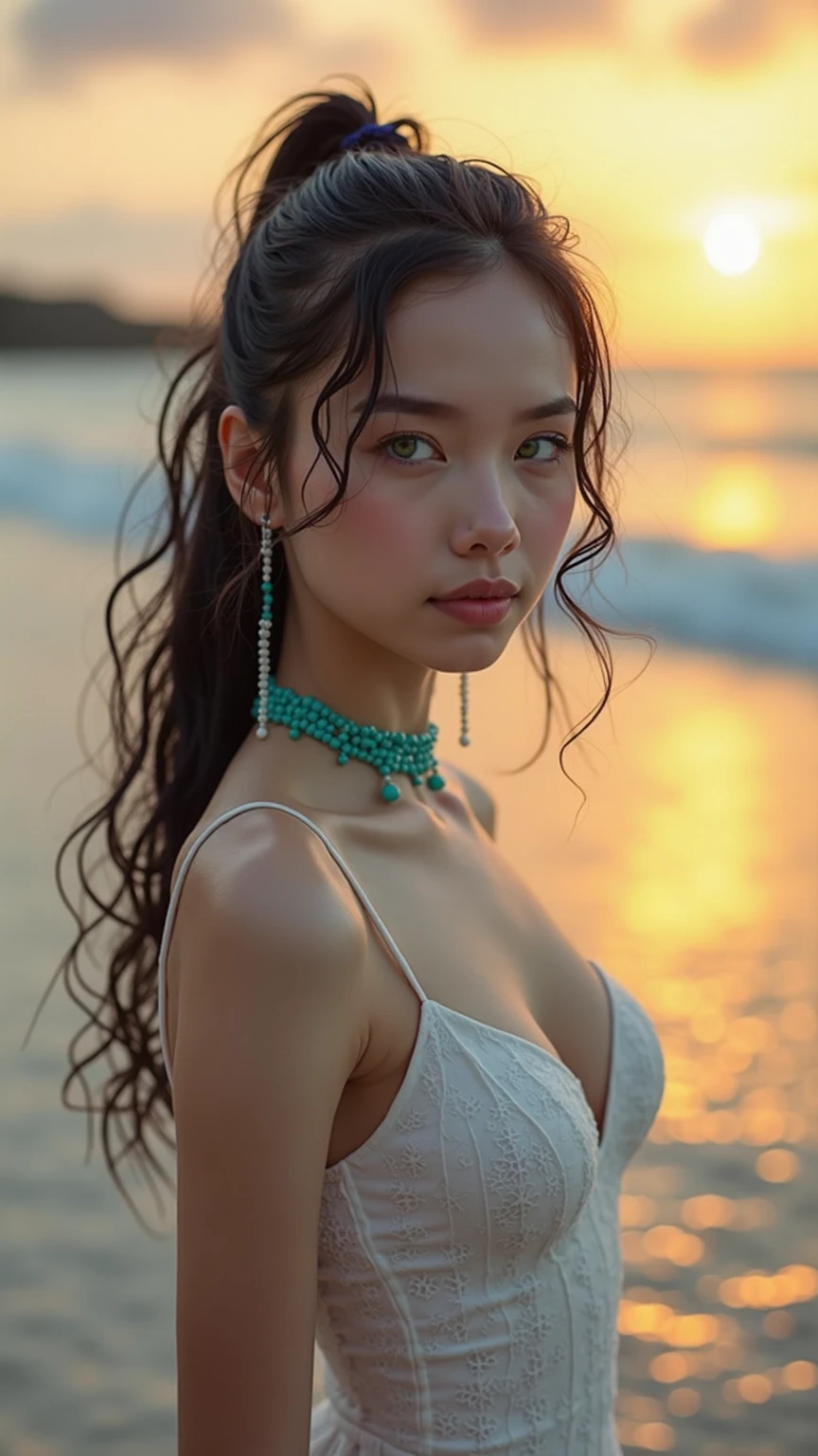 beautiful young girl wearing a loose fitting sun dress, cleavage, depth of field bokeh morning tropical beach (masterpiece) (best quality) (detailed) (8k) (wallpaper) (cinematic lighting) (sharp focus) (intricate)
