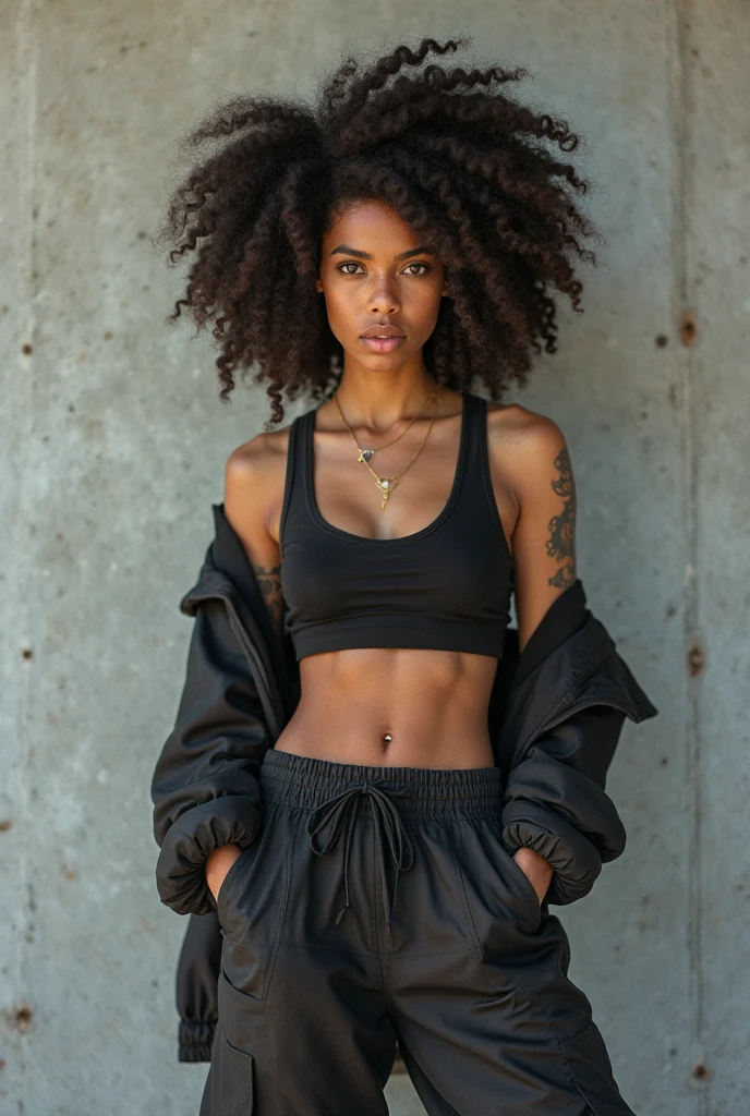 ((Extremely beautiful face)), ((very dark skin)), upper body, ((face focus)), mini tank top, short shorts, slim belly reveal, afro