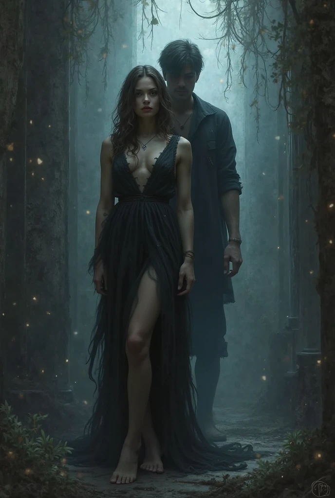(Night in a deserted woods by a river). Vampire woman, (full body), blonde, pale skin, fangs bared, hungry, sexy blue nightgown, bites a frightened male fisherman. in the style of a painted book illustration, dramatic lighting, (depth of field), ((masterpiece)), ((best quality)), ((highly detailed))