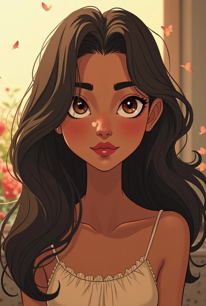 Make a girl with these characteristics - Age: 19 years - Gender: Female - Face: Oval chubby - Skin tone: warm, brown - hair: long, wavy and dark brown - Eyes: big ones, dark, black slanted - Nose: Of average size and shape - Lips: Of a fleshy size - Ethnicity: Latina - Additional Features: natural marks on the face, brunette look - thin outlined eyebrows