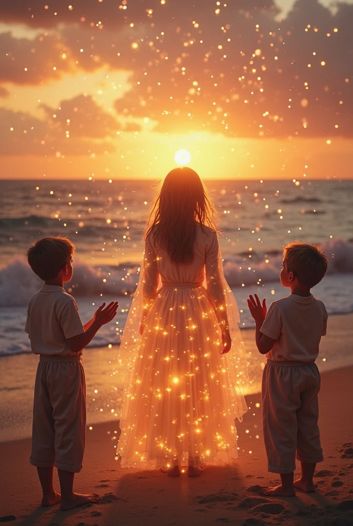 Magical mom with her boy and girl children surrounded by light , portals, and sparks of light, color beige, dorado, Brown, white