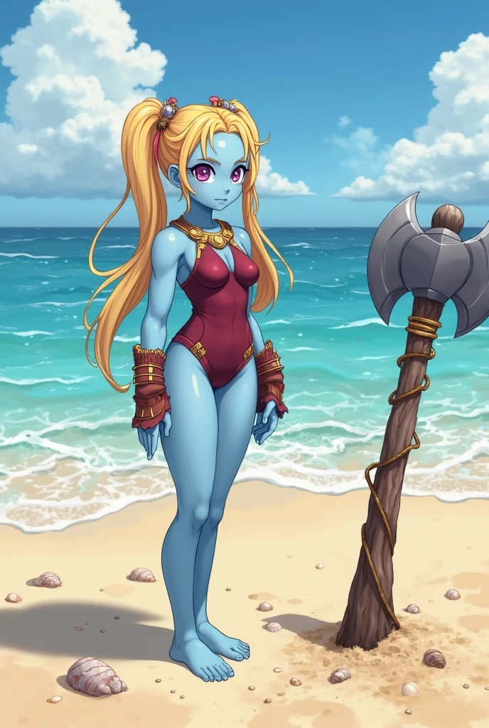 8K,High quality,Anime,married,Beautiful woman,Bright,Eye Highlights,Purple eyes,Sexy,ultra gigantic tits,oversized tits,Dark blue ,Erotic,beautiful line art. Blue skin, Blue and orange gradient fins, Black Bikini Armor, holding swords, Holding Shield, Bejeweled ornaments and bikini armor, Highly revealing outfits, Dark Facial Makeup, Golden Sword, Wooden shield,
