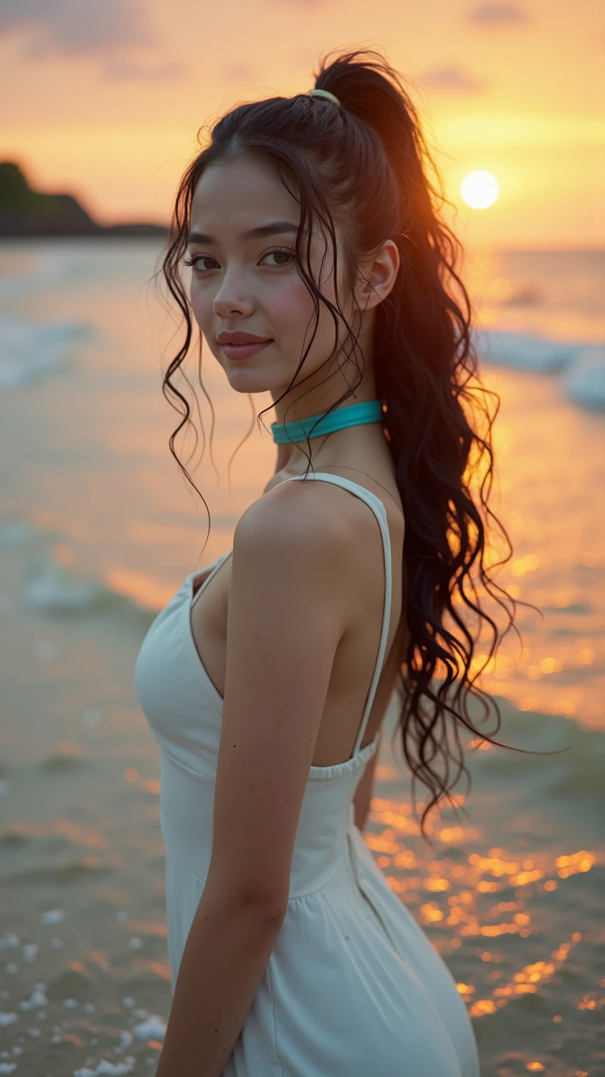 （In 8K, highest quality, pieces fly:1.2)、ultra high resolution、20 year old beauty,super detailed face,fine eyes,long eyelashes,black eye,glossy lips,I will polish,break,silver blue hair,straight hair、long hair,dull bangs,break, mermaid sheer dress,movie theater lighting、Titanic with sea view,Are standing,detailed hand fingers、alone、look back