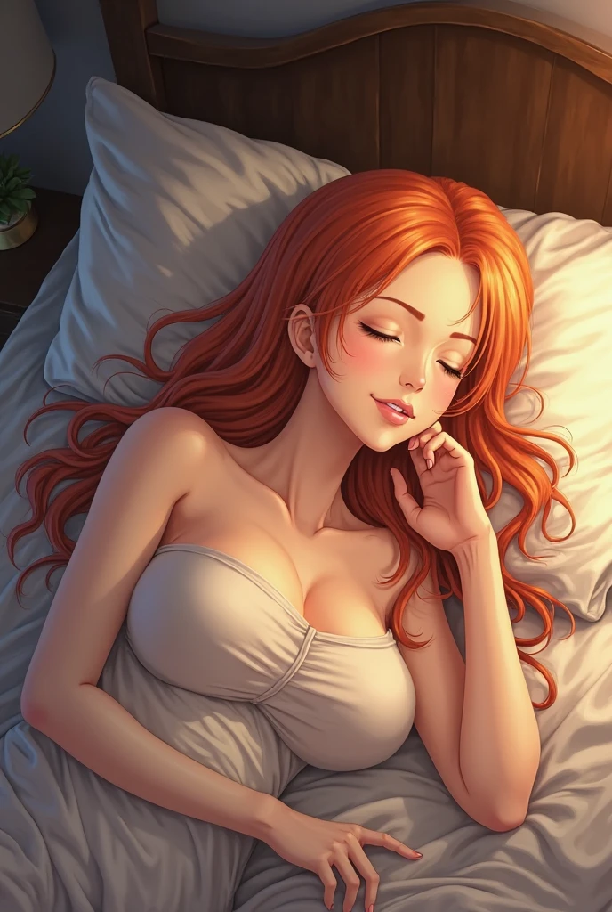 (masterpiece, best quality), photorealistic, cinematic, anime girl, 1 girl, full-body shot, head to toe visibility, perfect anatomy, curvaceous body, alluring, perfect eyes, ((lips slightly parted:1.5)), perfect hands, medium-sized breasts, round ass, long round legs, in peaceful slumber, ((the woman with fiery red hair sleeps serenely:1.5)), ((her hair cascades over the pillow:1.5)), adding a touch of warmth to the scene, she's adorned in a delicate nightgown, its fabric as red as the richest roses, a pattern of intricate golden vines dances across the fabric, intertwining like a secret garden, a plush blanket drapes gently over her, its hue a deep and calming burgundy, creating a soothing contrast with her vibrant hair, extremely detailed Artgem, ig model, artgem, alena aenami and artgem, krenz cushart and artgem, artgem and atey ghailan