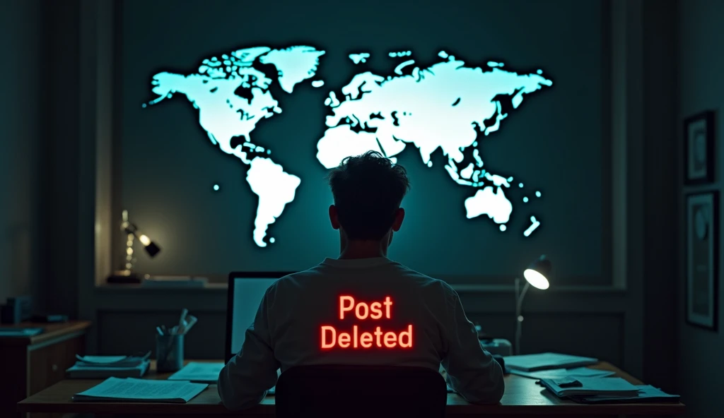 Create an image of a person sitting in an office with a broken computer and a background with the name global crisis 