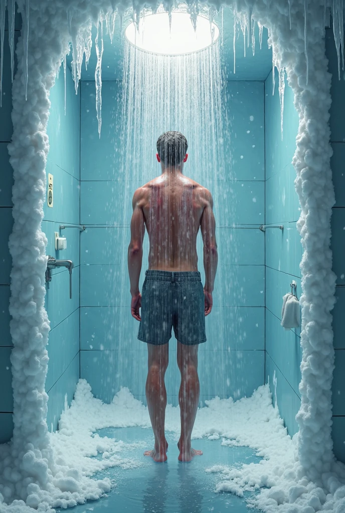 bosquejo, 20 year old male figure study, joven deportista musculoso, de pie, cuerpo completo y fornido, completamente desnudo, totalmente , , sin ropa, al natural, cubriendo la entrepierna con una toalla blanca, simplemente contundente, Crowded gym shower with spray showers and men showering in the background., pasteles, por harry bush, James Montgomery Flagg y Lois van Baarle y jim french y rossdraws, Ojos realistas detallados, grandes pies descalzos, gran bulto en la entrepierna, Muy guapo, Hermoso
