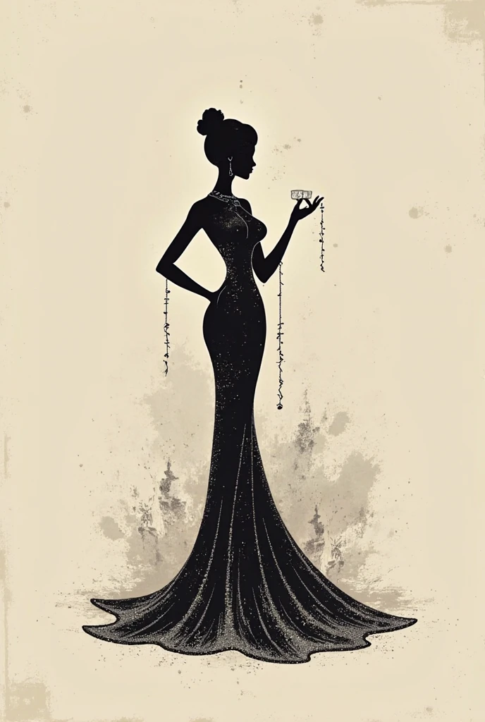 A poster of a woman in a black dress standing in front of a curtain ...