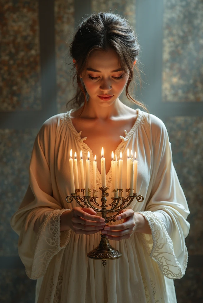 In the heart of an ancient villa, a woman light a lamp in a house. Her expression is one of reverence and contemplation, adding a sense of mystery to the scene. This high-resolution painting captures the moment with exquisite realism, showcasing the woman's flowing robes and ethereal beauty. The composition is in biblical symbolism, inviting viewers to ponder the significance of the event. Ensure that the image depicts the thematic concept of lost coin story and is visually appealing and eye-catching. hyper detailed, dynamic color , wearing a tunic, super emotional image, Great quality and realistic image, the epic scene, hiper realistic, blockbuster, high detailed, , 4K photography, 50mm f/1.8 lens, high details, high face details, high hands details, perfect hands, soft illumination, high quality, natural light, stunning blockbuster background, dynamic angle