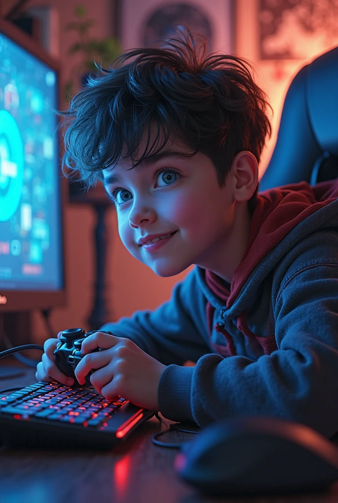 A 4 with blue jacket playing free fire in PC in a dark all lights off only PC screen light flex in his face and PC mouse in his hand