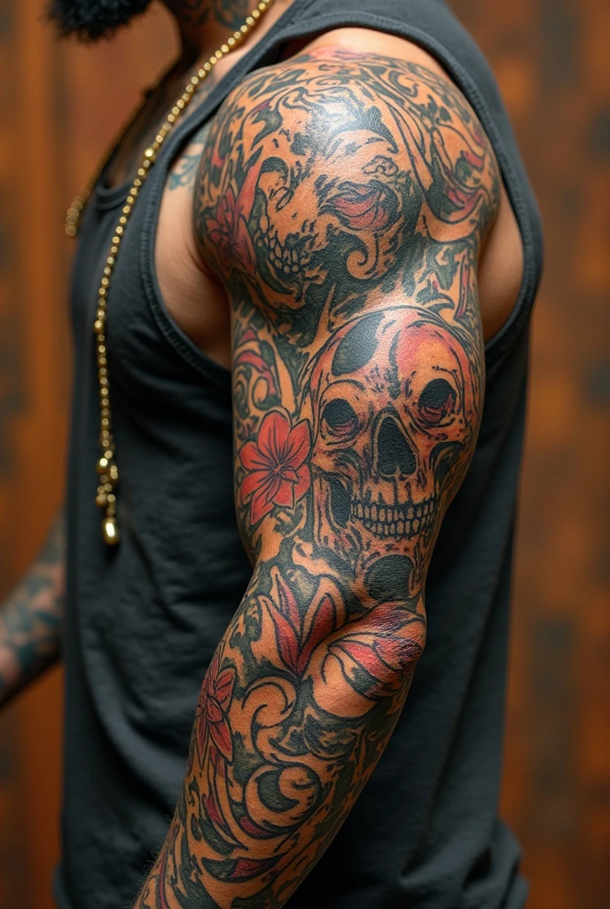 Arm sleeve tattoo representing life and death