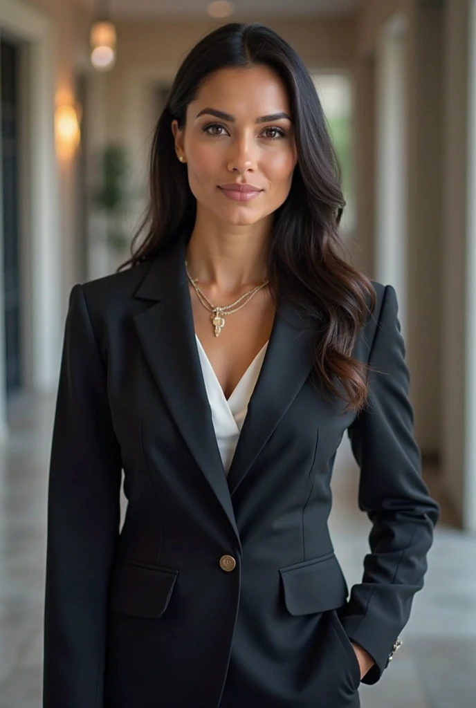 law intern, a 28-year-old woman, with brown skin, straight black hair that reaches her shoulders. She has a beautiful smile and her eyes are a shade of honey. She is wearing an outfit suitable for a court of law, such as a pencil skirt and blazer set, with a silk blouse underneath. Her posture and expression are confident, with a touch of subtle sensuality. The lighting should highlight your skin and hair, while the background suggests a formal courtroom setting.