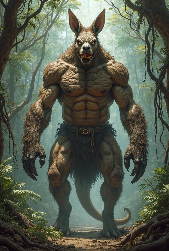 a half-Jaguar humanoid mythological creature, the creature is in a dark forest at night, behind the creature is a tall strong man in military camouflage uniform, he is wielding a sniper rifle, the full moon is shining the creature, seus olhos amarelos brilhantes, foto detalhada, alta qualidade, melhor qualidade 8k