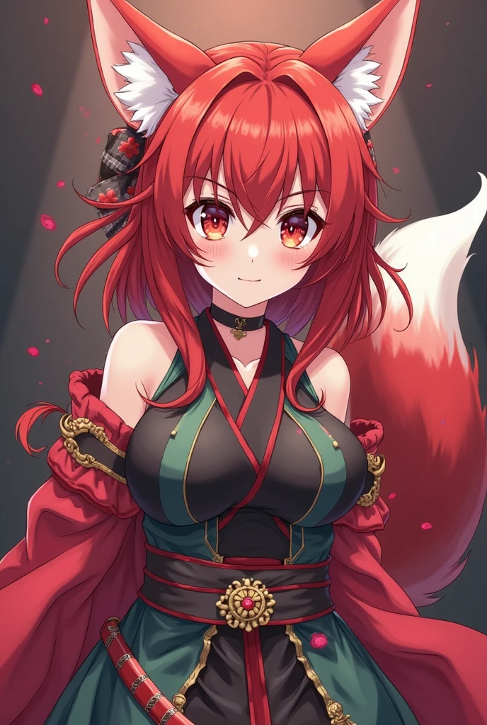 Beautiful sorcerer woman with fox ears, red hair, green eyes, mysterious look