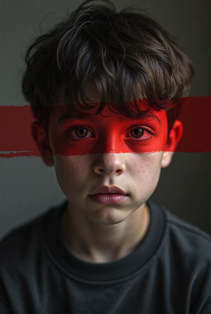 Some people wearing red masks are tied to the face of a boy with black eyes!
