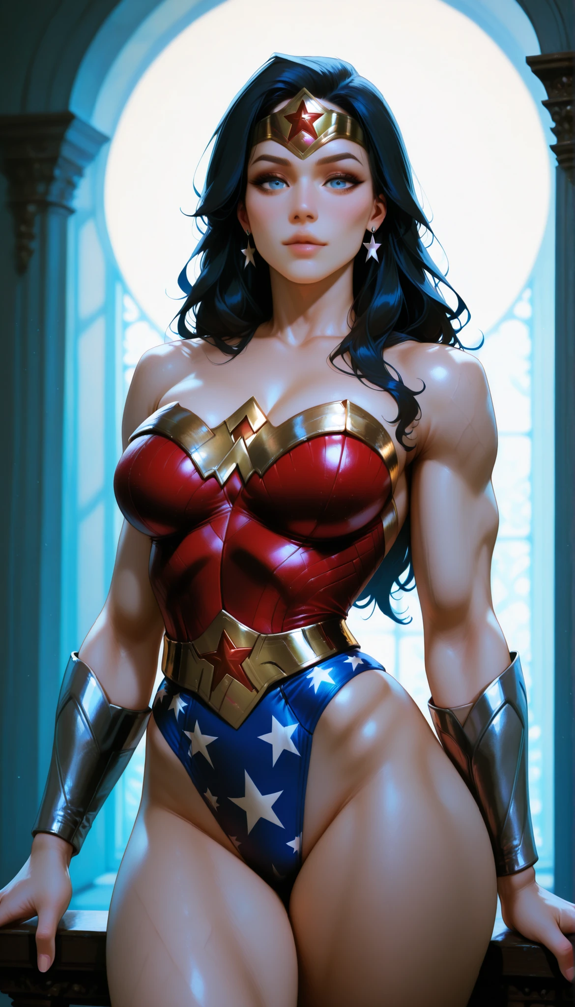 Solo, whole body, A Wonder Woman, (intricate detail, makeups), (detailed beautiful delicate face, fine beautiful delicate eyes, a face of perfect proportion), (Glossy skin: 1.0), fine detailed skin, strong and realistic blue eyes, realistic black hair, lip, makeups, Natural skin texture, tiara, red and gold bustier, blue thong with white stars, wristband, Red knee high boots, golden belt, (Wonder Woman clothing:1.0), bare shoulder, ((light tan skin: 1.4)), mature, Sexy, elastic muscles, (Muscular: 1.2), ((strong and healthy body)), (((the more) Muscular))), cleavage, Long leg, curved, (Big breasts: 1.3), rib, thin-waist, soft waist, (fine detailed skin), (beautiful and sexy woman), (swollen lips: 0.9), (eyelashes: 1.2), very delicate muscles, Perfect Body, perfect anatomy, perfect details, perfect fingers, perfect limbs, thigh gaps, (perfect hand: 1), ((hand on the crotch:1.3)) ,squatting down, Open Legs, protruding areolas, protruded camel toe, Vaginal discharge with flowing fluids, sexual excitement, sexual manifestations, Long leg, firm abs, (camel toes), (no panty), (No bra), ((curled up, Crying face)), (((Peeing:1.3))), Park Background, from front, ((no close-up)),