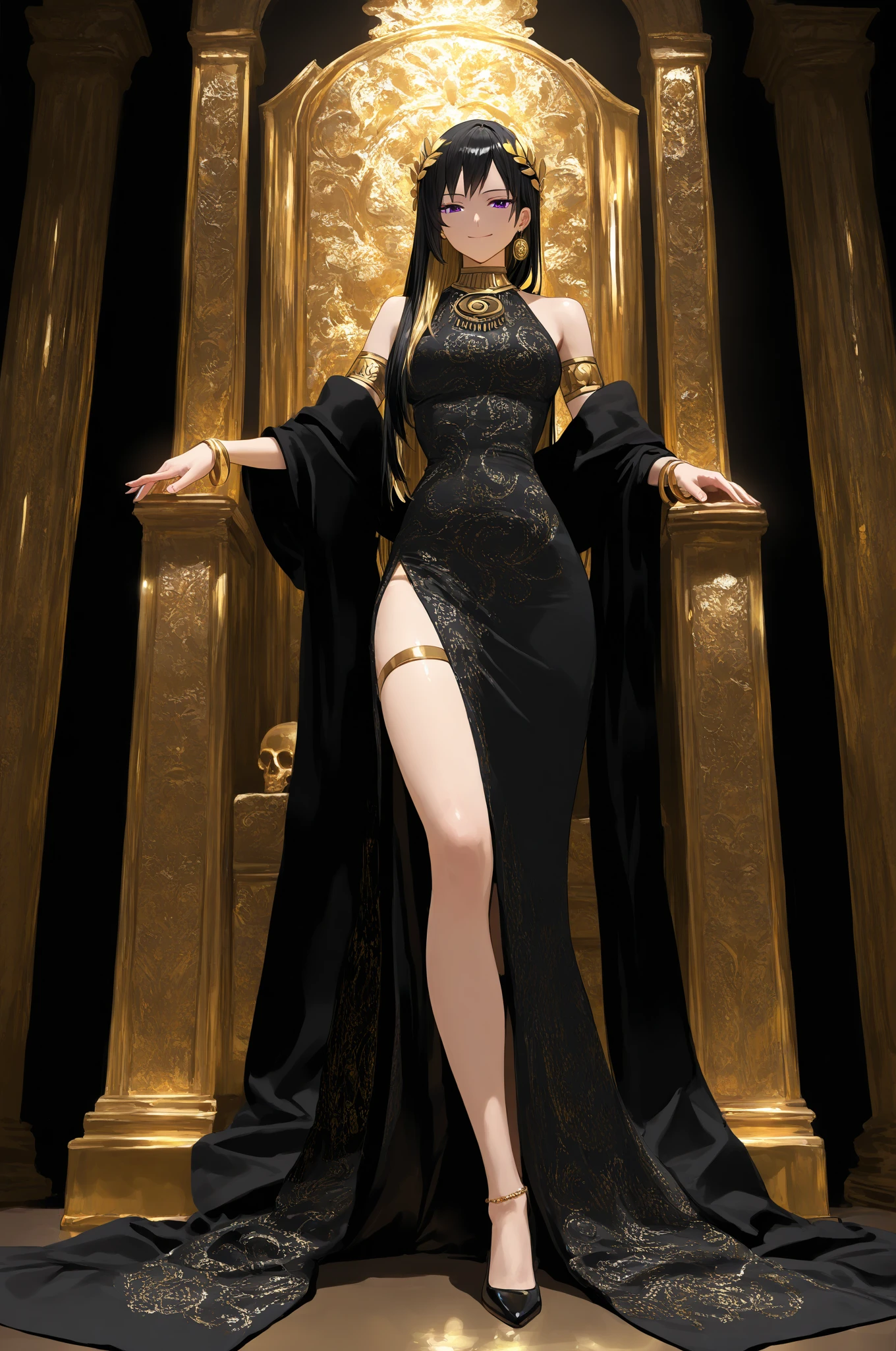 (masterpiece, top quality, best quality, official art, beautiful and aesthetic:1.2), (1girl), black hair, black eyes, voluptuous, black gown with silvery line, pelvis curtain, and thin transparent robe, big chest, beautiful shoulders, beautiful navel, beautiful thighs, beautiful legs, diamonds, gold, silver, paladium, titanium, mithril, extremely detailed anatomy, extremely detailed everything, ornament, Sci-fi Ancient Noah Ark Lost Technology, (fractal art:1.3), all 7 of rainbow colors, colorful, HD image, wide angle, top to toe, full body, highest detailed.
