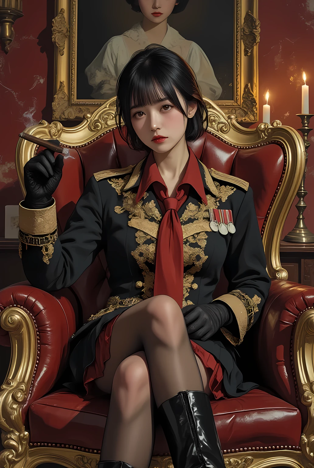 low-angle oil painting style portrait, a charismatic woman with slicked-back black hair, seated regally in a grand leather throne, wearing a mafia-inspired idol costume — deep black and gold military-style jacket with ornate embroidery, red silk tie, pleated skirt with golden chains, lace gloves, fishnet stockings, and high-heeled boots, her sharp gaze meets the viewer with confident elegance, holding a lit cigar with rising smoke, background of dark baroque interior with oil-painted textures — velvet drapes, faded portraits, cracked gold frames, candlelight casting warm chiaroscuro shadows, brushstroke-heavy composition with visible paint texture, deep crimson and burnt umber tones, classical-meets-modern aesthetic, gallery-level masterpiece, trending on ArtStation