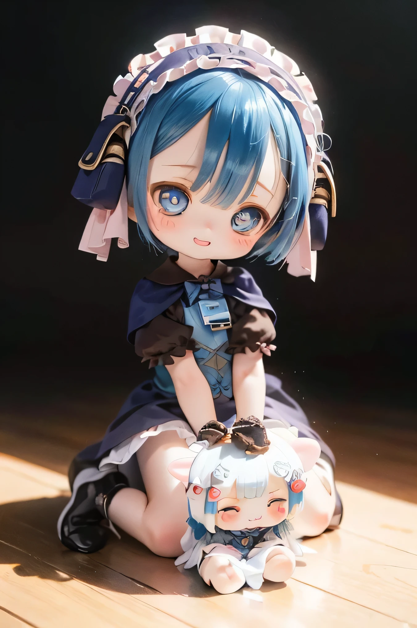 (highest quality, High resolution, masterpiece:1.2),Very detailed,Realistic:1.37,Marulk from Made in Abyss,(highest quality, High resolution, 4K, Very detailed, masterpiece:1.2), Realistic, High resolution, Vibrant colors, Sharp focus, Studio Lighting, Very detailed explanation, Professional, Portraiture, anime, Blue tones, Natural light, 10 year old girl, Blue curly hair, Flat Chest, Gothic Lolita Clothing, Innocent look, Delicate features, Long eyelashes, Expressive eyes, Rosy Cheeks, Soft lighting, Dreamy atmosphere, Whimsical background with mansion brooms(((((whole body)))))(((Spread your hands)))