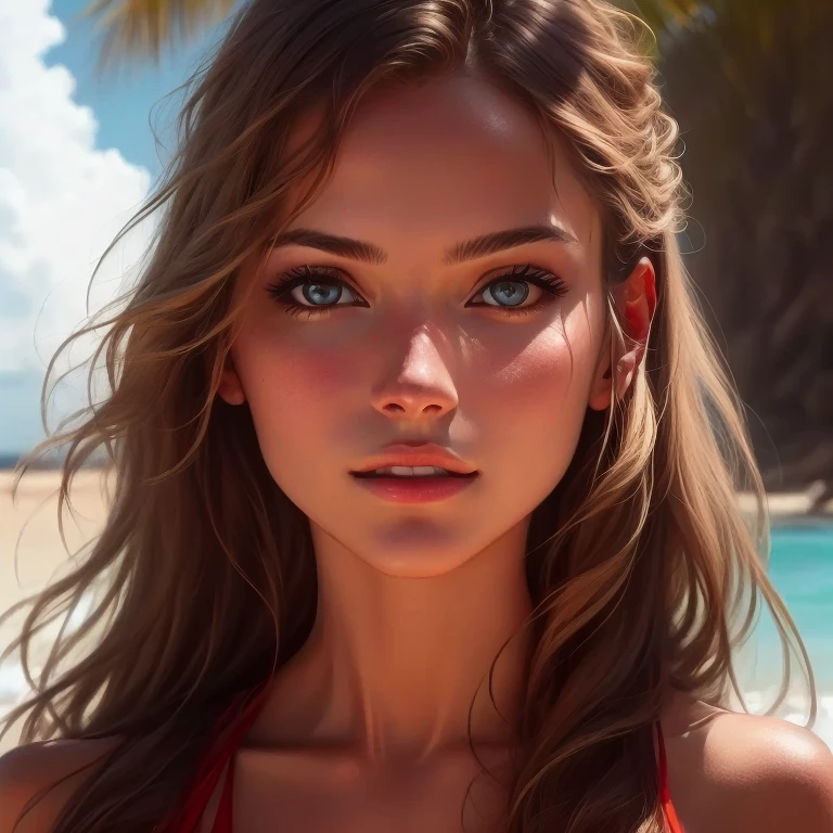 Beautiful girl, pure, European and American face, charming, soulless lips, bikini, hyper-realistic, illustration, high resolution, 8K, extremely detailed, best illustration, beautiful detailed eyes, best quality, super detailed, masterpiece, wallpaper, detailed face, beach, palm tree, GTA, illustration, perfect hands, perfect thighs --auto --s2