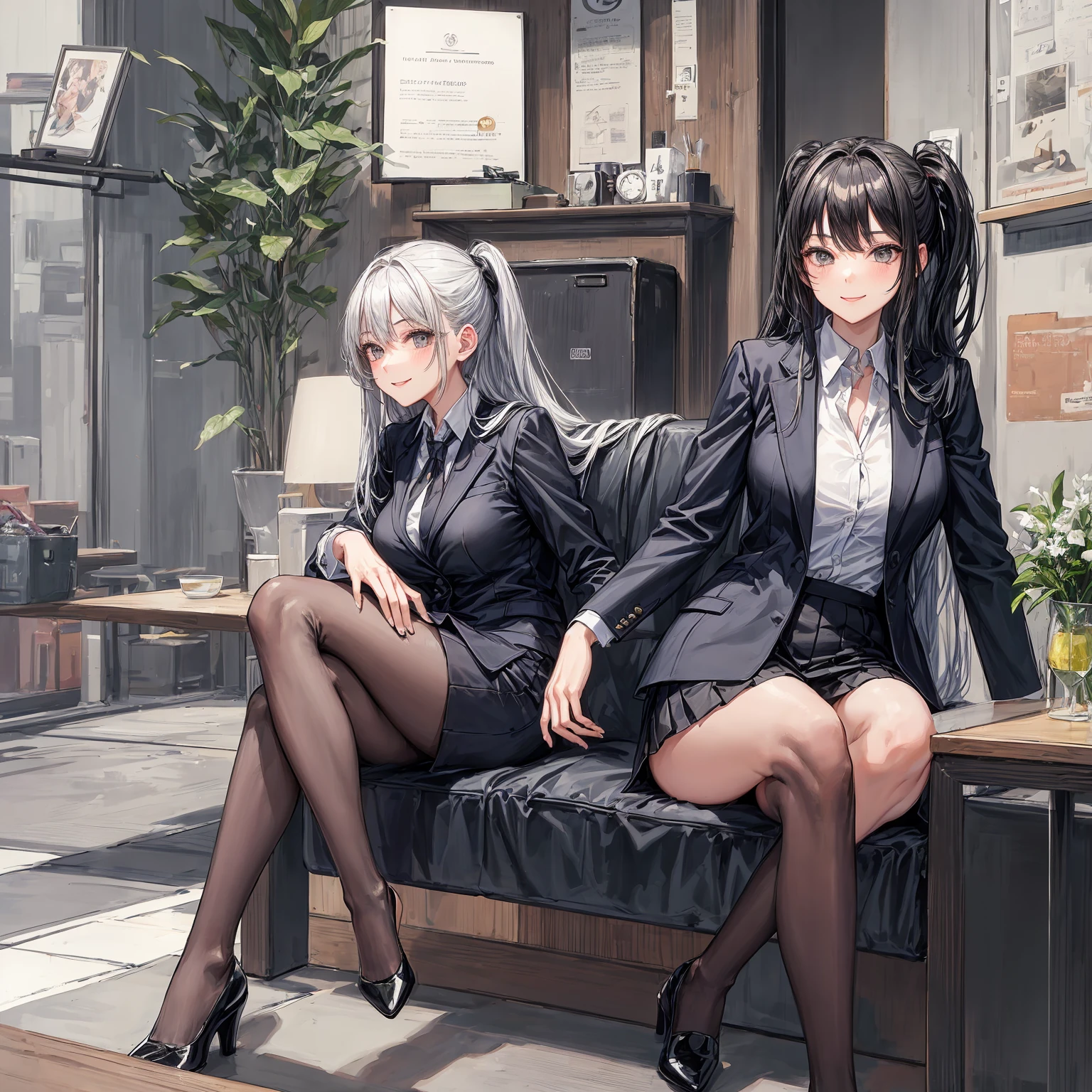 Anime woman with short unruly white hair with silver pupils dressed in suit sitting on a chair in an office with crossed legs pose.