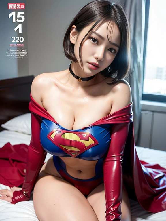 masterpiece,supergirl costume, short hair, barefoot, big and full breasts,operating room、operating table、straddle、damaged、shiny、look at the camera、provocation、Estrus、choker、Weekly magazine cover、long sleeve、red mini skirt、obscene pose、Seduce、Cowgirl