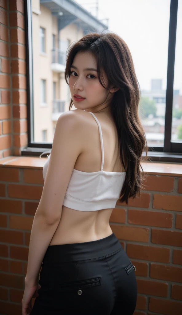 (white crop top and gym shorts:1.2), (cowboy shot, masterpiece, best quality, from below:1.4), (looking at viewer, small waist, thighs:1.2), arms behind back, perky butt, side shot, large breasts, bedroom, beautiful girl, pretty face, slender, teen, (arch back, stick out chest:1.2), stick out ass, no makeup, 8k, official art, raw photo, incredibly absurdres, sloped shoulder, facelight, ultra realistic, highres, photography, film grain, chromatic aberration, sharp focus, dynamic lighting, cinematic lighting, highest detailed, extreme detailed, ultra detailed, finely detail, extremely detailed eyes and face, (dark background:0.8)