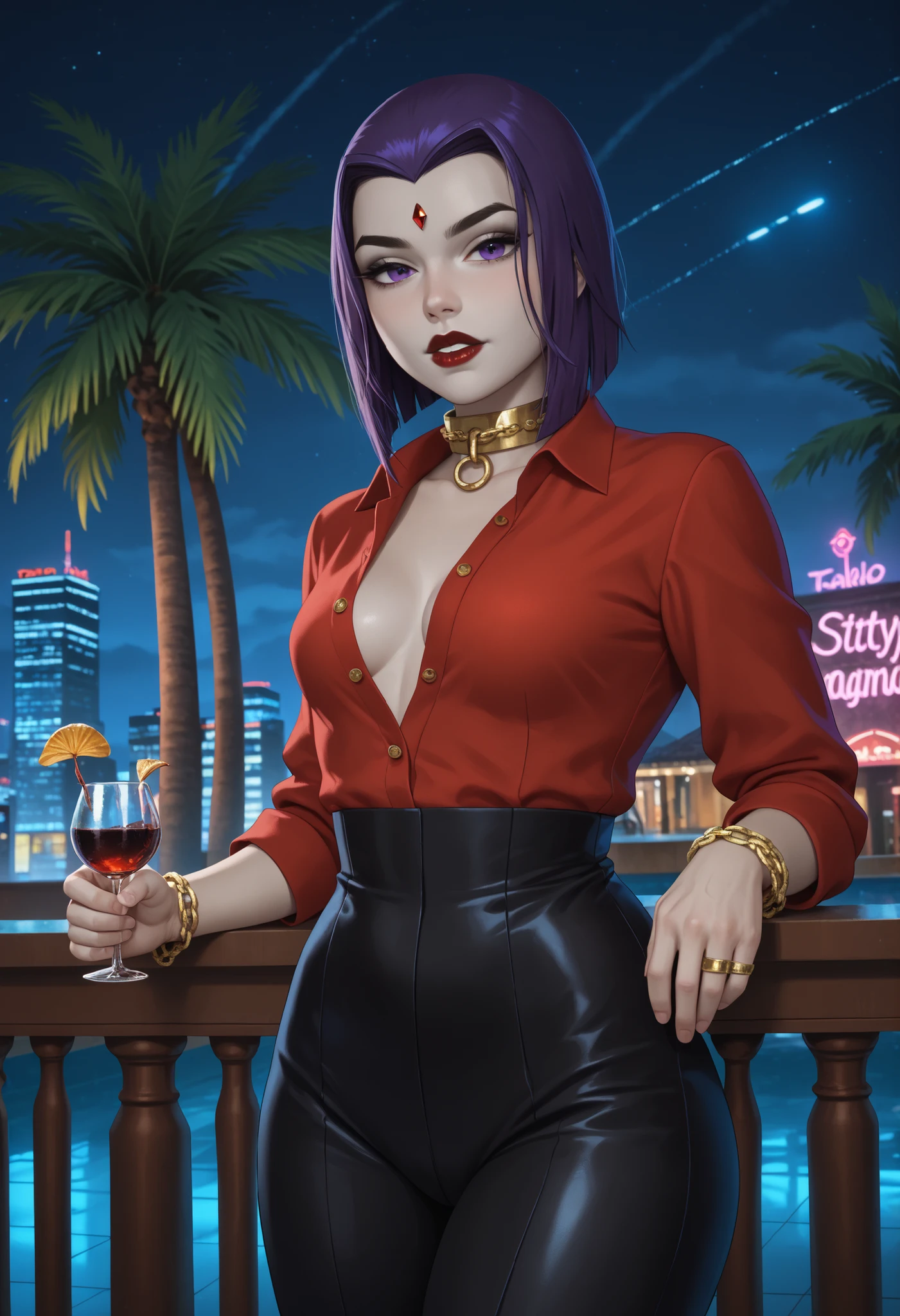 rachel roth, colored skin, grey skin, purple hair, medium hair, forehead jewel, purple eyes, small breast, huge hips, dark red lips.| GTA tyle: Tony Montana, in his early 40s with olive skin, stands confidently on the balcony of a lavish Miami mansion at night, city lights flickering in the distance, in 1980. He wears a white double-breasted suit with a blood-red shirt unbuttoned at the collar, gold chains resting on his chest, In his right hand, he casually holds a glass of dark liquor, while his left rests on a marble railing. Behind him, palm trees sway in the breeze and the swimming pool below reflects the glow of neon lights. The sky is deep indigo, with a helicopter circling far overhead. The mood is rich with arrogance, danger, and the quiet high of a man who’s taken everything — and knows it can all go in a flash. gold rings. gold chains.