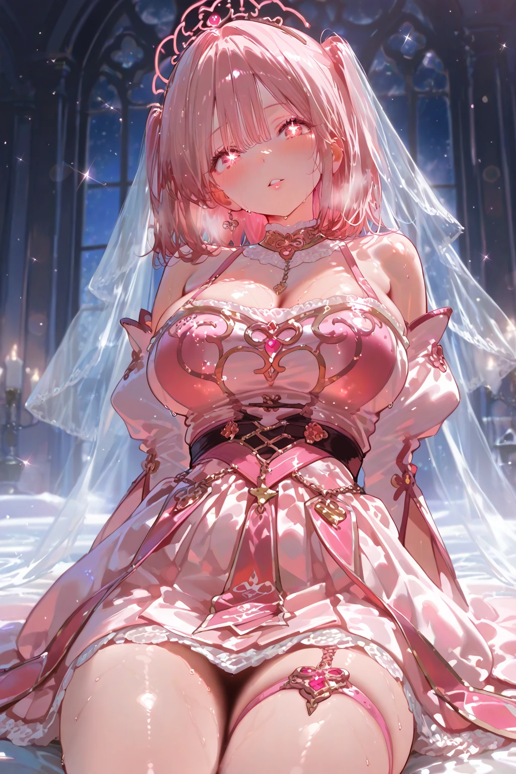 best quality ,very aesthetic ,looking up ,upper body ,from above ,A young-looking princess ,Beautiful eyes like jewels ,Embarrassed look ,A seductive face ,Beautiful Lips ,(Pink Hair ,Fluffy ponytail ,Curly Hair ,Expressive hair) , White silk veil,A silver tiara with glittering ornaments and sparkling jewels ,Crystal earrings with glittering gold embellishments ,A very luxurious jeweled hair ornament ,A gorgeous white wedding dress with a voluminous full-length hoop skirt with ruffles and gorgeous embroidery., Silk gloves ,Open chest ,Textured skin ,Emphasized cleavage ,Huge boobs ,Big Breasts ,Nipples ,The tip of the index finger of the right hand is placed on the lips ,(Multicolored flowers ,wedding ,Shining Light ,Classical church ,Stained glass),