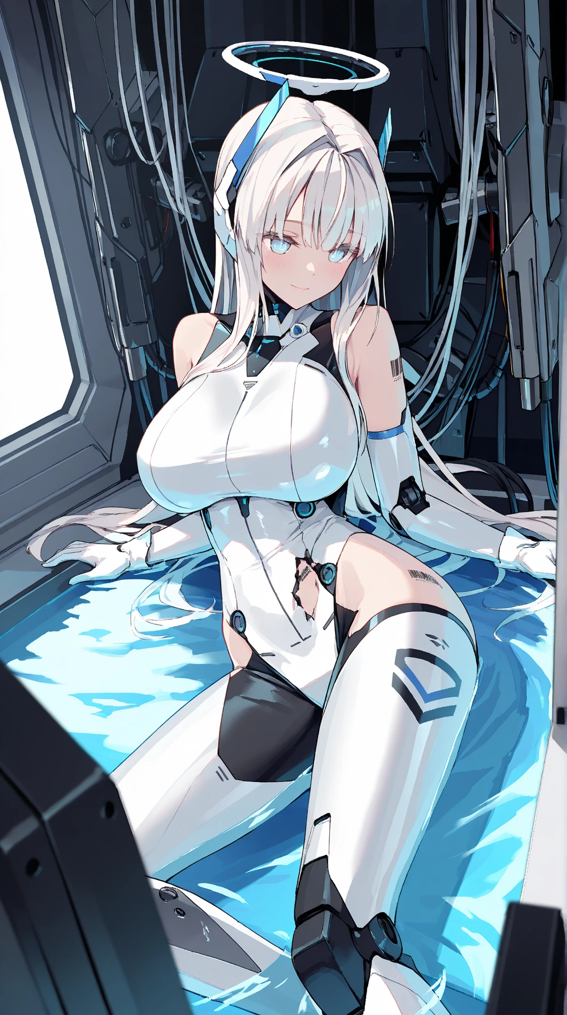 1girl, solo, thighhighs, leotard, purple eyes, gloves, large breasts, white hair, long hair, highleg, covered navel, single thighhigh, white thighhighs, headgear, thighs, hair between eyes, highleg leotard, bangs, white leotard, long sleeves, smile, closed mouth, multicolored hair, groin, boots, thigh gap, <lora:KearsargeV1.0:0.6>, usskearsarge, blue sky, (sitting, legs crossed:1.2), blue sky, clouds, sky background,