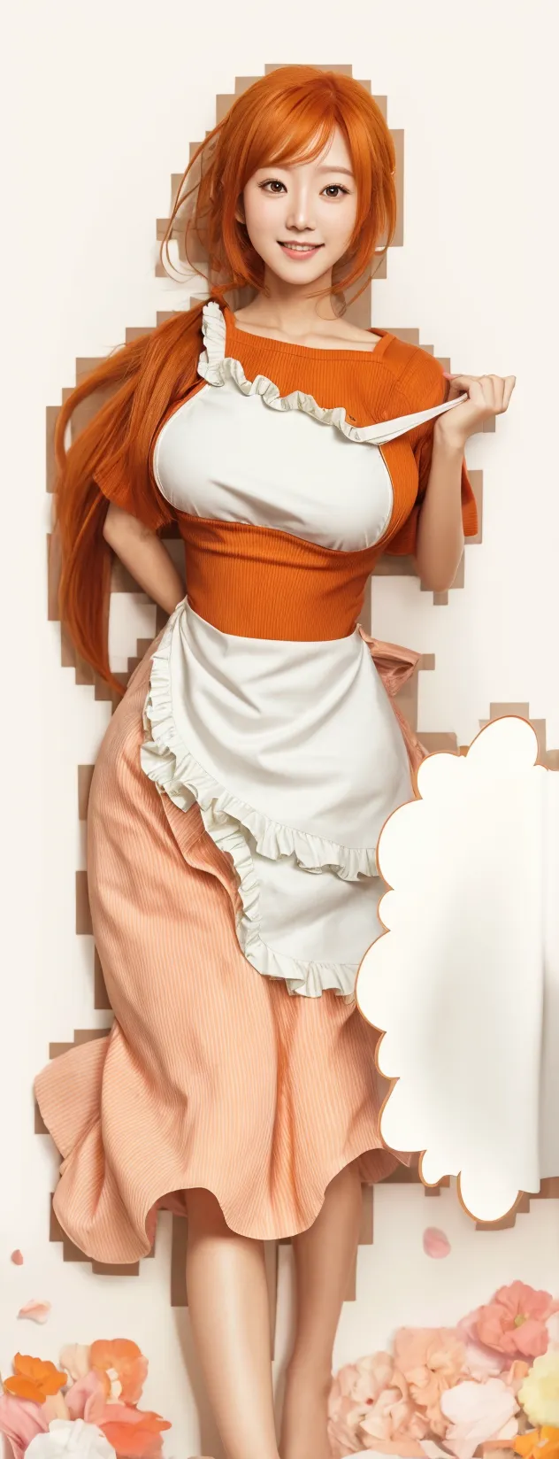 Beautiful round medium breasts, 1 girl, ((Red hair, Beautiful long braid, braid decorated with petals)) ((beautiful girl)) clear green eyes, has a beautiful sensual body with freckles, with full breasts and thin waist, HIP HOP Beautiful and cute thin strap blouse, pleated long skirt, delicate woven women's belt, has a bold appearance. Youngh, 品質, realisitic, best 品質, cute expression, pink lipstick lips, cute smile, leaning, In the beautiful beautiful romantic room