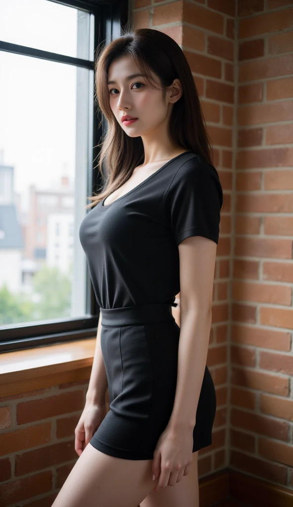 (ultra realistic,32k, masterpiece:1.2),(high detailed skin:1.1),( high quality:1.1),
1girl, Korean, black long hair, mascara, (red lips:0.9), (  black t-shirt, long shirt:1.1),,,(looking at viewer, sitting, crossed legs:1.1), , (huge breast, large breast:1.1),<lora:add_detail:0.77>,
(dynamic lighting:1.1),  blank background,