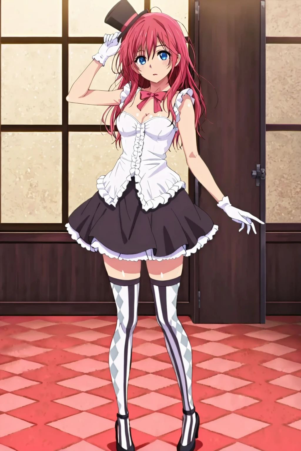 nishikino_maki, 1girl, solo, anastasia (idolmaster), idolmaster cinderella girls, purple eyes, shorts, short hair, red hair, MaidSirius, 1girl, breasts, sirius_(azur_lane), solo, underwear, panties, cleavage, large_breasts, looking_at_viewer, side-tie_panties, dress, lying, choker, short_sleeves, hair_between_eyes, pink_panties, on_back, hairband, anchor_choker, apron, clothes_lift, maid, blush, frills, thighhighs, open_mouth, collarbone