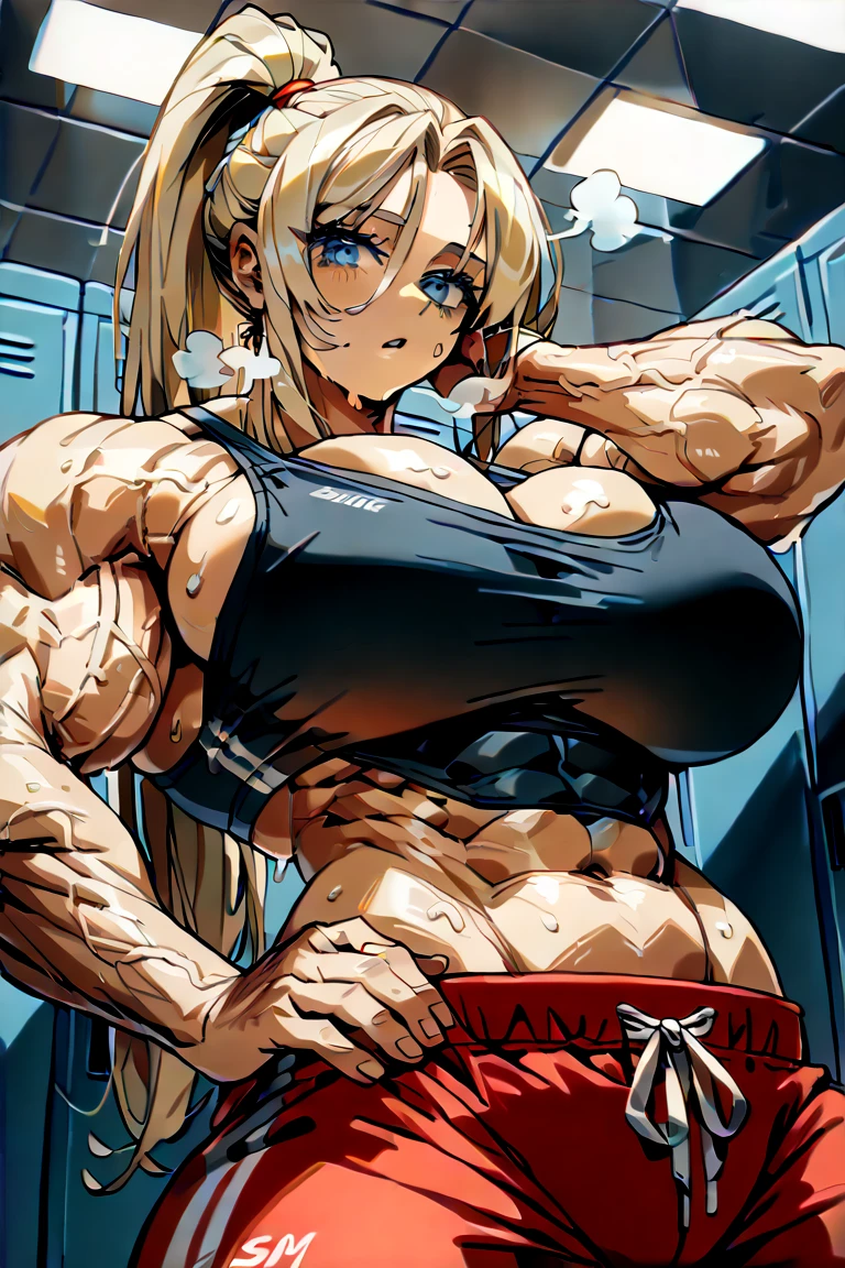 An opai woman,Barba,hair blonde, long hair,Muscle,anger, g-string, in a cage, slave, chained, good looking, Facial spots, Tighten your face, Eyes red, two hands, forehead tattoo, many chains, chained on neck, musclegirl , mulher extremamente musclegirl, Huge body, extremely muscular arms, huge woman, muito musclegirl,