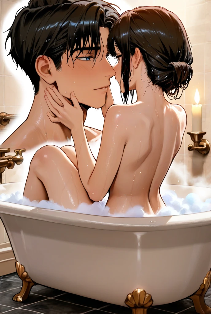 top-quality,　​masterpiece,　full body shot, Male and female couple, standing, in a bathroom shower, hands in chains, completely naked, (((naked, nsfw, bare skin))), long flowing black hair in waves, gold jewelry, necklace, earrings, Boy hugging girl tightly from behind,  boy has crew cut hair, Without glasses、passionate kiss, Revenge relationship, highly erotic, orgasmic expression, foreplay, squeezing breasts, assgrab, hand on breasts and ass, fondling, sweating, aftersex