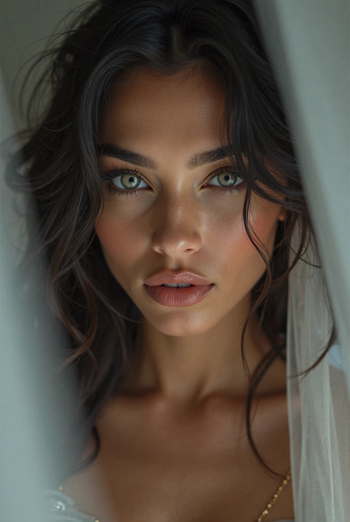 Arafed woman completely , fille sexy aux yeux vert , ultra realist, Meticulously detailed, Portrait Seltin sweety cheveux bruns et grands yeux, selfie of a young woman, , Violet Myers, sans maquillage, maquillage naturel, looking straight at camera, Visage avec Artgram, Maquillage subtil, Great photo of the whole body kneeling on the bed, dans la chambre, Medium to large bust